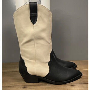 Dolce Vita Women's Korbella Western Boots Size 8 Cream Black Cowboy Mid Calf